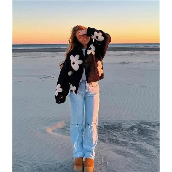 Maixang Womens Floral Print Sherpa Fleece Jackets Winter Zipper Cropped Coat - Picture 2 of 7